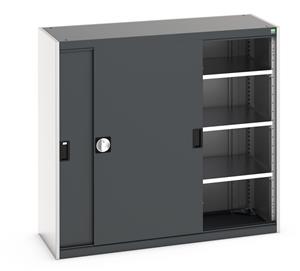 Bott cubio cupboard with lockable sliding doors 1200mm high x 1300mm wide x 525mm deep and supplied with 3 x 160kg capacity shelves.   Ideal for areas with limited space where standard outward opening doors would not be suitable.... Bott Cubio Sliding Solid Door Cupboards with shelves and drawers 1600mm high option available